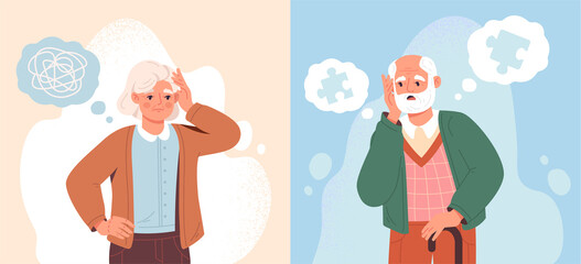 Alzheimer illness disease patients concept. Set of elderly confused man and woman with memory loss and puzzles flying around. Brain disease in pensioners. Cartoon contemporary flat vector collection - obrazy, fototapety, plakaty