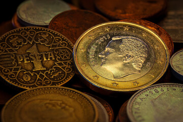 Philip Felipe VI King of Spain Euro Coin Old Spanish Coins Stack Macro