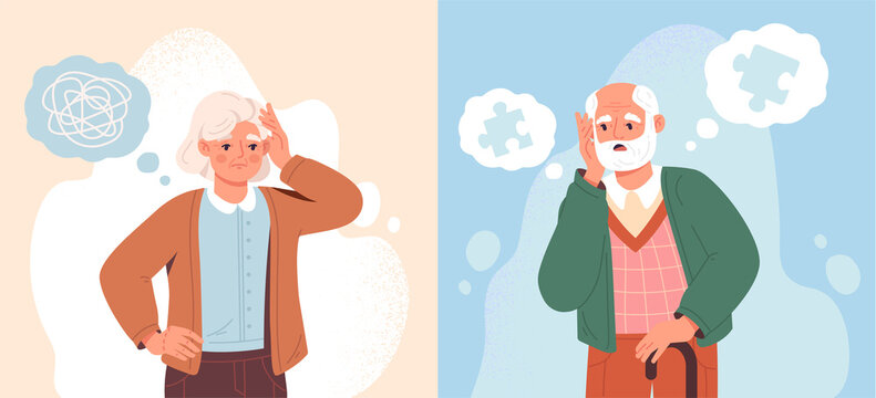 Alzheimer Illness Disease Patients Concept. Set Of Elderly Confused Man And Woman With Memory Loss And Puzzles Flying Around. Brain Disease In Pensioners. Cartoon Contemporary Flat Vector Collection