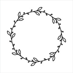 Vector hand drawn spring wreath isolated on white background. Outline circle of leaves. Doodle style. Floral monogram frame.