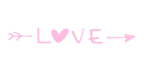Fototapeta na wymiar Handwritten love word. Arrow and heart shape. Marker lettering. Vector illustration, flat design