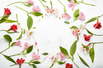 flower frame on cement background. top view , space for text