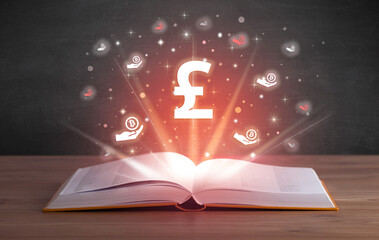 Open book with currency icons above