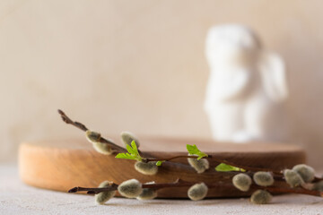 Easter background. Easter bunny rabbits decor. On wood kitchen table backdrop copy space