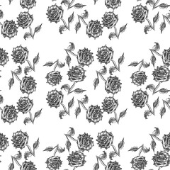 Vector seamless pattern with black roses on white background
