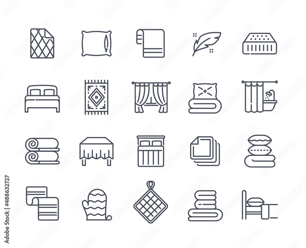 Wall mural set of linear icons related to home textiles. simple stickers with tablecloth, pillowcase, curtains 