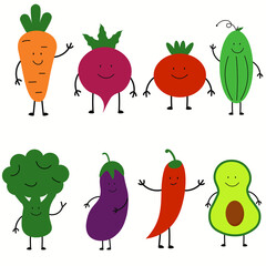 Fototapeta premium Vegetables for kids. Cartoon vegetables. Funny cute veggies characters. Vector icons set