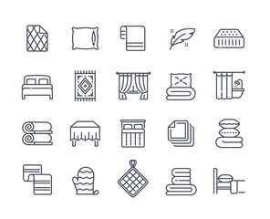 Set of linear icons related to home textiles. Simple stickers with tablecloth, pillowcase, curtains and fabric. Design elements for web. Cartoon flat vector collection isolated on white background