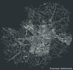 Detailed negative navigation white lines urban street roads map of the Dutch regional capital city of ENSCHEDE, NETHERLANDS on dark gray background