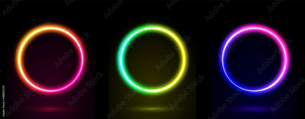 Aufkleber Set of 3d neon circle frame in vibrant color. Glowing borders neon light. Illuminated colorful frames collections on dark background with copy space. Vector illustration.