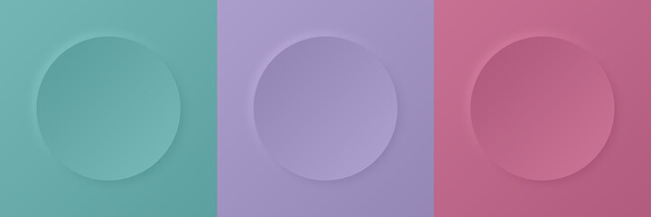 Obraz premium Abstract 3d circle frame. Set of green, purple, and pink border with shadow for cosmetic product. Template of empty scene in top view with copy space for cosmetic and beauty presentation. Vector.