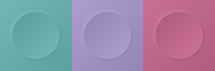 Abstract 3d circle frame. Set of green, purple, and pink border with shadow for cosmetic product. Template of empty scene in top view with copy space for cosmetic and beauty presentation. Vector.