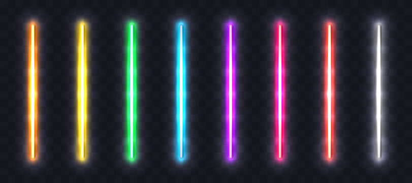 Neon light tubes set. Colorful glowing halogen or led light lamps. Realistic neon illuminated lines, borders and frame elements on transparent background. Vector.