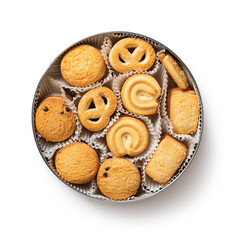 Tasty danish butter cookies in a tin isolated on a white background. Set of crispy shortbread biscuits in an open container cutout. Baked pastry, breakfast, sweet food, calories concepts.