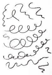 Cosmetic pencil samples isolated on a white background Hand drawn hatching shapes on isolated white background. Wavy tangled doodles.