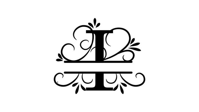 Split letter I. Monogram I. Animated letter in vintage style, the letter appears, branches and leaves grow. A personalized logo for your video's personality. Alpha channel, transparent layer. 