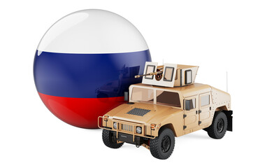 Military truck with Russian flag. Combat defense of Russia, concept. 3D rendering