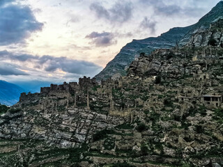 View of the ancient village of Kahib in the evening in the mountains of Dagestan. Russia 2021