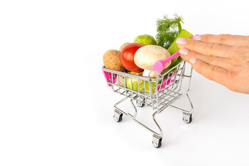 Woman's hand holding a trolley with fresh healthy products