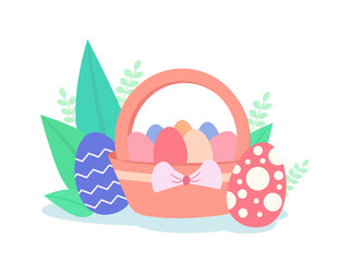 Happy Easter day. Holiday illustration in flat cartoon style can be used for greeting cards, posters, banners. Children coloring Easter eggs with a paint brush.