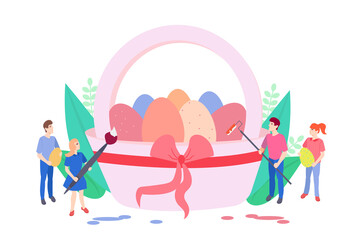Happy Easter day. Holiday illustration in flat cartoon style can be used for greeting cards, posters, banners. Children coloring Easter eggs with a paint brush.