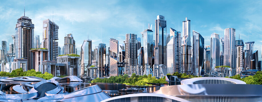 Future smart city skyline panorama 3D scene. Futuristic eco cityscape creative concept illustration: skyscrapers, towers, tall buildings. Panoramic urban view of green ecology friendly megapolis town