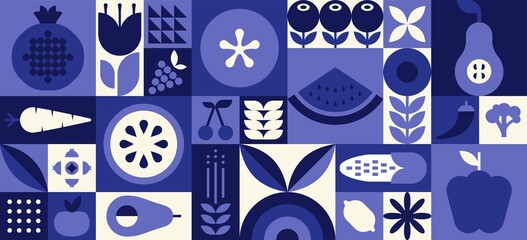 Fruit vegetable geometric pattern. Organic natural food background creative simple bauhaus style, agriculture vector design