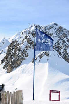 Famous Bagatelle restaurant flag in front of the restaurant in ski resort Courchevel in winter  