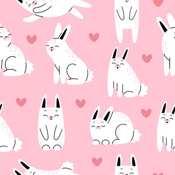 Cute seamless pattern with Easter white bunnies and hearts on a pink background. Vector cartoon illustration
