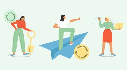 Concept of leadership. Set of flat vector illustration with business women. Career success, promotion, goal achievement. Success in a job, new project or startup.