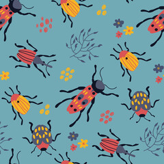 Naklejka na ściany i meble Seamless pattern with cute hand-drawn beetles. Design for fabric, textile, wallpaper, packaging.