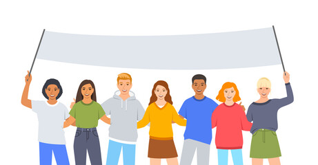 Smiling young people activists, friendly boys and girls stand together holding a banner. Peaceful students demonstration. Public protests for justice. March for civil rights. Flat cartoon illustration