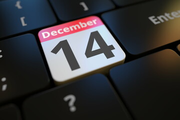 December 14 date on a keyboard key, 3d rendering