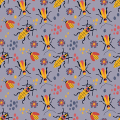 Naklejka na ściany i meble Seamless pattern with cute hand-drawn beetles. Design for fabric, textile, wallpaper, packaging.