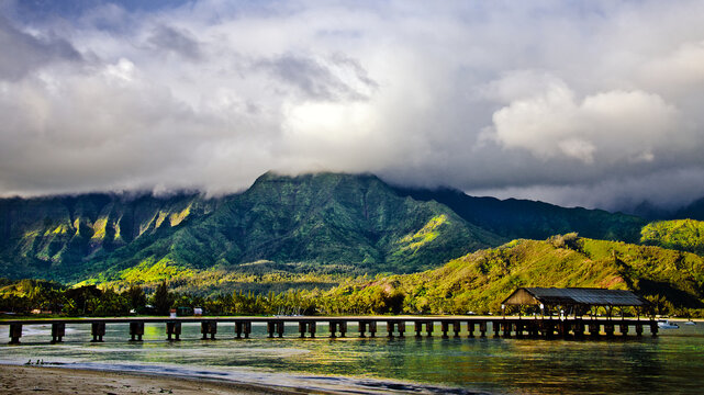 early morning Hanalei Bay Pier in Kauai Hawaii