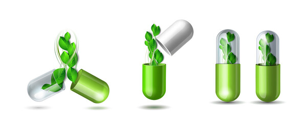 Green natural medical pill with green leaves. Pharmaceutical vector symbol with leaf for pharmastore - 488636573