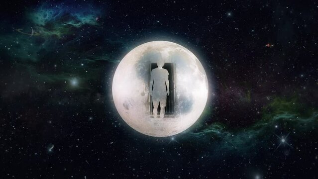 Man Enters Moon Door In Space Double Exposure Effect. Man opens a door and entering the full moon in space. Zoom in