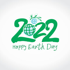 Happy Earth Day 2022. Green handwritten logo. April 22. Vector hand drawn template.