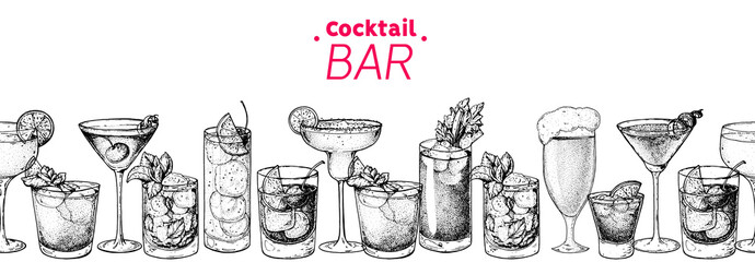 Alcoholic cocktails hand drawn vector illustration. Cocktails set. Bar menu design elements. Hand drawn sketch collection. Horizontal seamless background. - obrazy, fototapety, plakaty