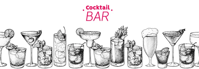 Fotobehang Alcoholic cocktails hand drawn vector illustration. Cocktails set. Bar menu design elements. Hand drawn sketch collection. Horizontal seamless background. © DiViArts