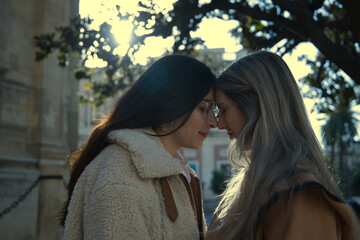 Fototapeta premium Real couple of young women putting their foreheads together and eyes closed with loving attitude, pierced by sun rays. Concept lgtbiq+, lesbians, marriage, inclusion.
