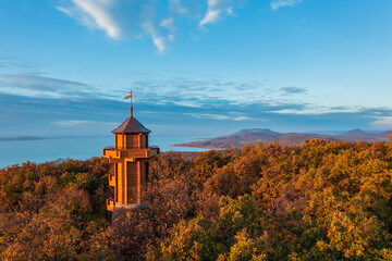 Aerial view about the freshly renovated lookout tower at Révfülöp. Lake Balaton, Badacsony and...