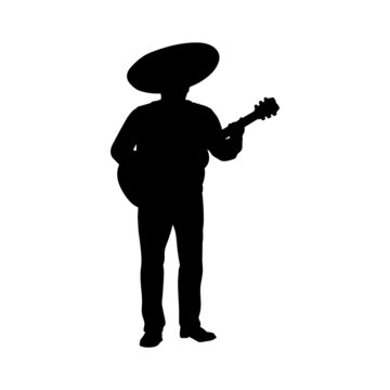 Silhouette Mexican Man In Sombrero Hat Playing Guitar