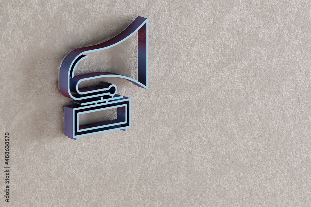 Poster Old Gramophone icon. Beautiful Blue Old Gramophone symbol icons on wall bright background. 3d rendering illustration. Background pattern for design..