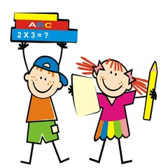 Kids with books and crayon and paper, girl and boy, funny vector illustration