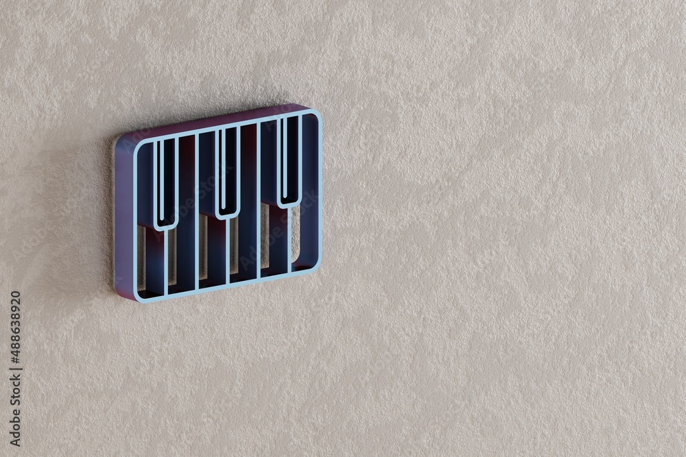 Poster piano keys icon. beautiful blue piano keys symbol icons on wall bright background. 3d rendering illu