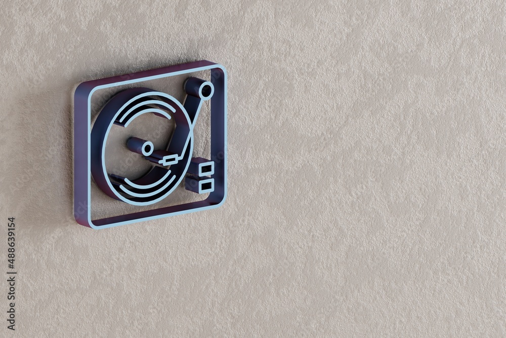 Poster Retro Record Player icon. Beautiful BlueRetro Record Player symbol icons on wall bright background. 3d rendering illustration. Background pattern for design...