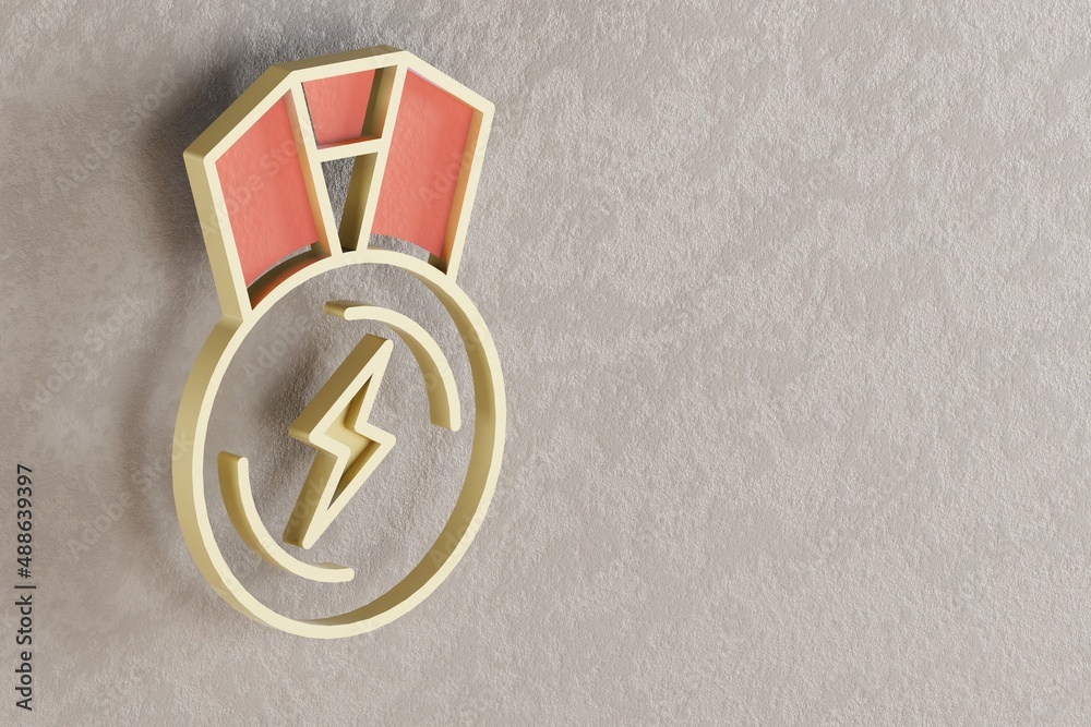 Poster beautiful golden medal lightning symbol on wall bright background. 3d rendering illustration. backgr