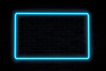 Empty blue frame neon banner on brick wall background.