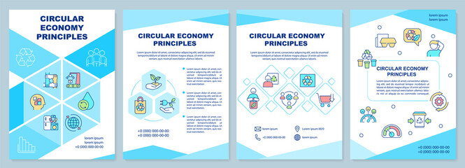 Fototapeta na wymiar Circular economy principles turquoise brochure template. Sustainability. Leaflet design with linear icons. 4 vector layouts for presentation, annual reports. Arial-Black, Myriad Pro-Regular fonts used
